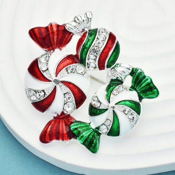 Jewelry - Jewelry pin brooch Christmas candy sweets green red silver tone sparkly cute new